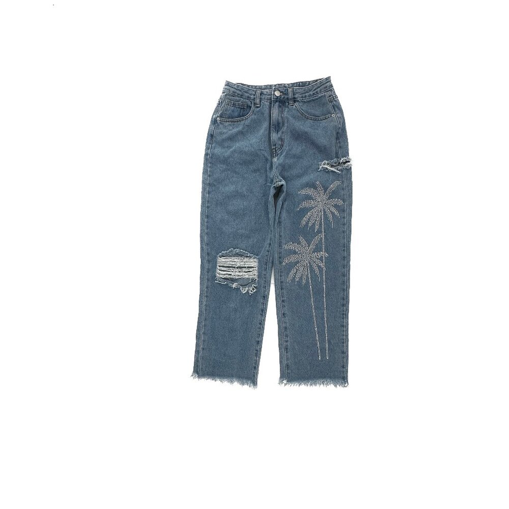 Romwe Crop Beaded Palm Tree Distressed Raw hem Women's size 4 Blue Denim jeans